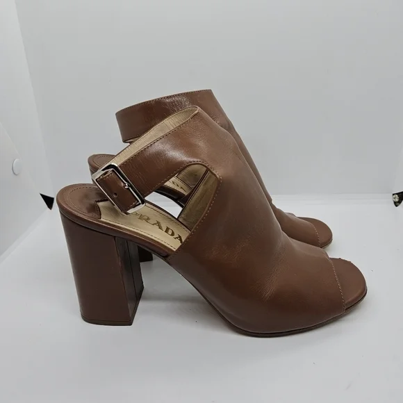 Prada brown leather peeptoe ankle wrap heel booties EU 38