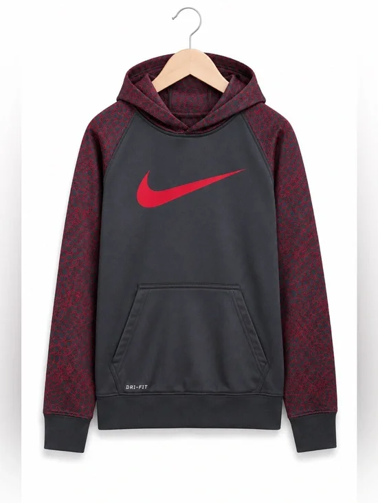 Nike Boys Gray Red Dri-FIT Hoodie Scales Print‎ - Size S 4-5 Kangaroo Pocket