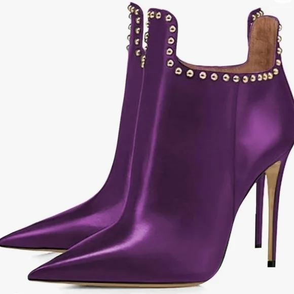 FSJ Classic Pointed Toe Stiletto High Heel Studded Ankle Boots Glossy Pull-On