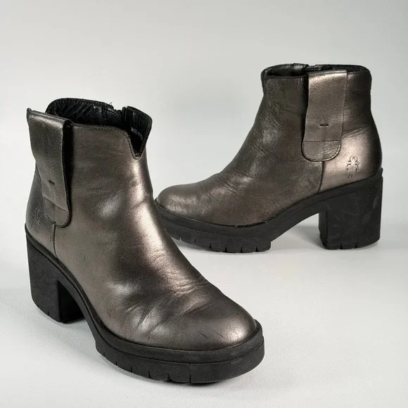 Fly London Tetly Platform Ankle Boots Womens 38 Pewter Metallic Leather Wedge