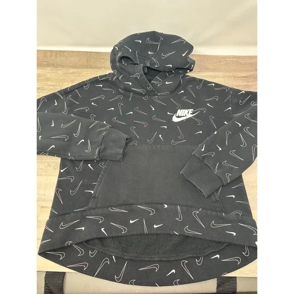 Nike Girl's Pullover Hoodie All Over Print Logo Swoosh‎ Black & White Medium