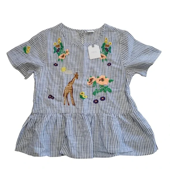 Next Girls 10 Embroidered Top Blue Striped Floral Giraffe Peplum Cotton Blouse