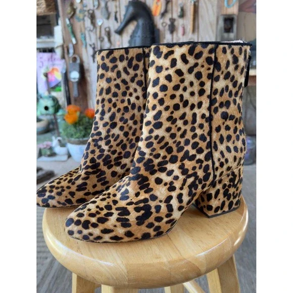 J.Crew Leopard‎ Calf Hair Ankle Boots Block Heel Booties 7.5sz