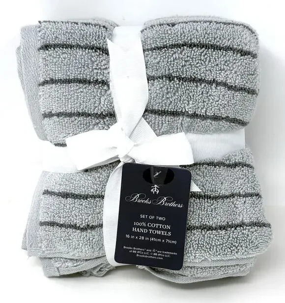 Brooks Brothers Grey Gray Striped Cotton Hand Towels Set 2 Measures 16x28