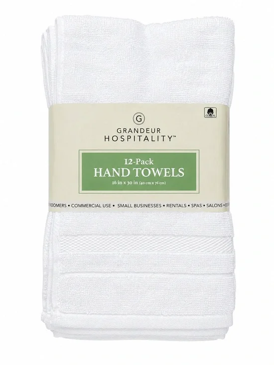 Grandeur Hospitality 12-Pack White Cotton Hotel Hand Towels NEW