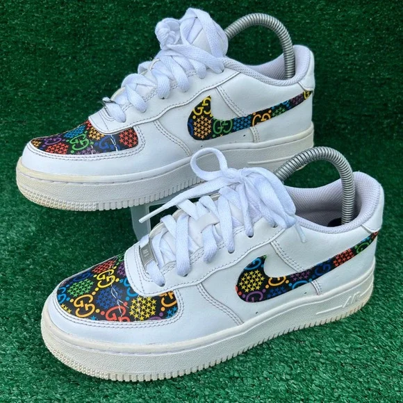 Nike Air Force 1 Low Custom Rainbow GG Monogram White Sneakers‎ 314192-117 5Y