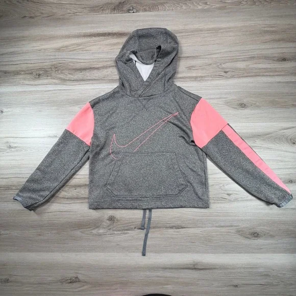 Nike Dri-FIT Girls Hoodie Grey Pink Colorblock Swoosh Pullover‎ Size M Medium