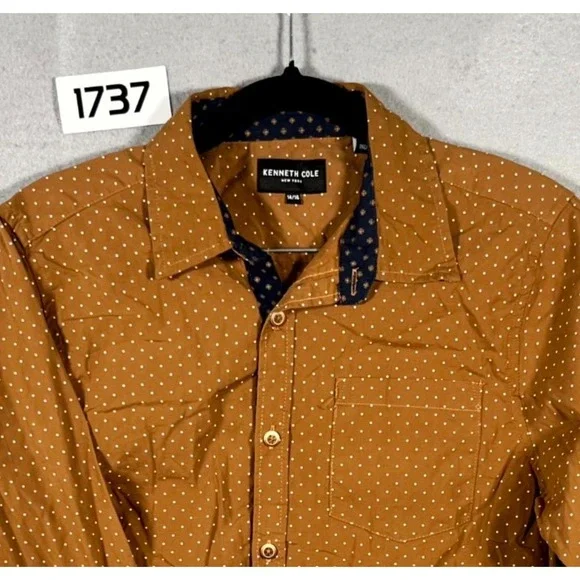 Kenneth Cole New York Shirt Boys 14/16 Brown Polka Dot Pockets‎ Casual Button Up