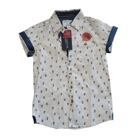 Distortion Button Down Shirt Boys Size 5 Cream Cotton Palm Tree Print Short Slee