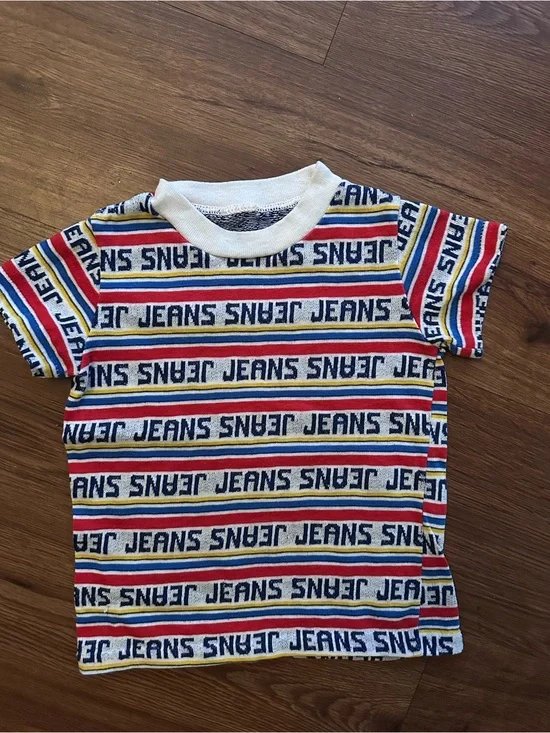 Vintage Striped 'JEANS' Logo Tee - Red, Blue, Yellow & White
