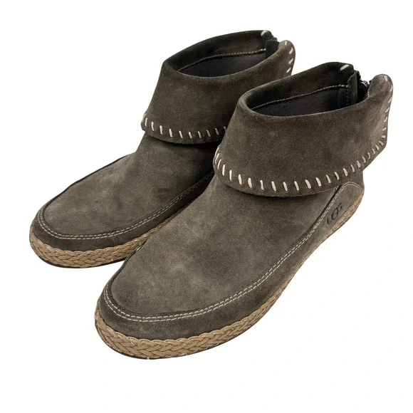 UGG Suede Ankle Boots Womens 7 Brown Back Zip Moccasins Braided Trim Casual Boho