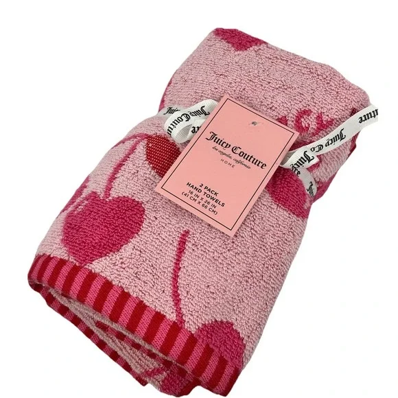 Juicy Couture Cherry Hand Towels 2 Pack Pink Red Bathroom Towels NWT 16 x 26