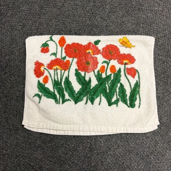 Vintage Dishman Red Poppy Floral Cotton Hand Towel White Butterfly Retro Decor