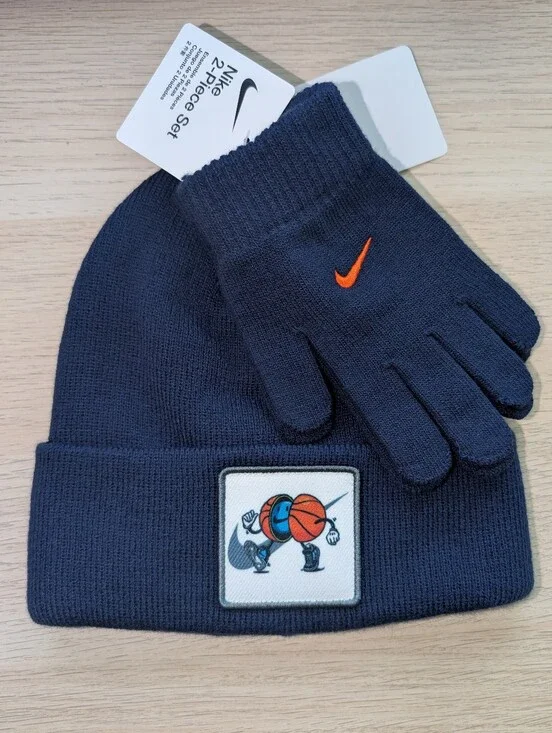 Nike Youth Navy Beanie & Gloves Set with Orange Swoosh