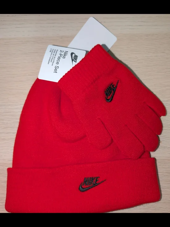 Nike Youth Red Knit Beanie and Glove Set with Black Logo