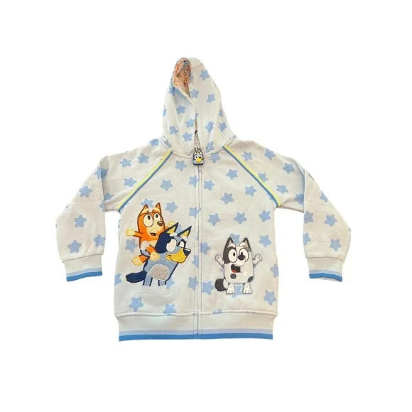 Bluey Boys Zip‎ Up Hoodie Nantucket Breeze Blue Star Print Character Size 7