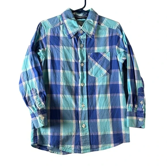The Childrens Place Blue Plaid‎ Button Down Shirt Long Sleeve Size XS 4 Cotton