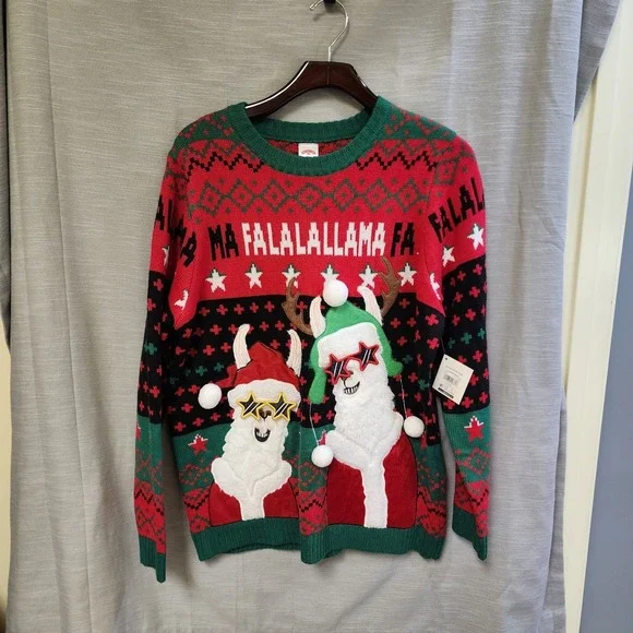 Holiday Time Boys XL 14-16 Husky Christmas Sweater Llama FaLaLaLaLlama Red Green