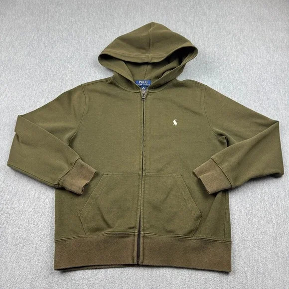 Polo Ralph Lauren Hoodie Kids Medium 10-12‎ Olive Green Full Zip Sweatshirt Pony