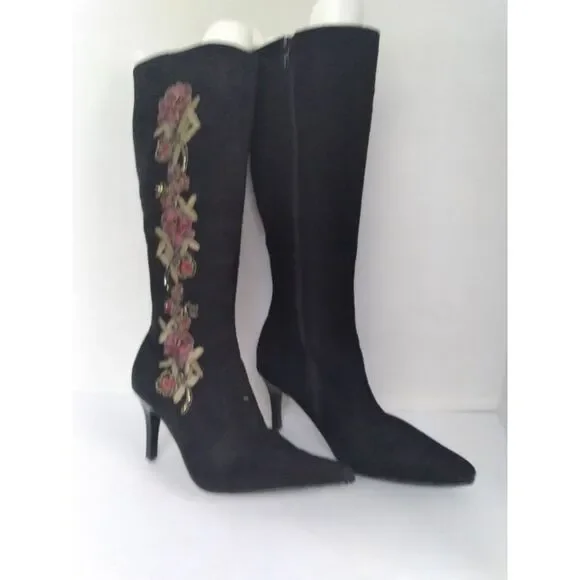 Elegant Black Knee-High Boots with Floral‎ Embroidery Stiletto Heel Footwear