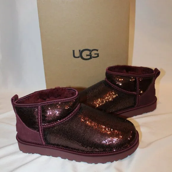 NIB UGG ULTRA MINI BURGUNDY SEQUIN SHEARLING LINED ANKLE BOOTS‎