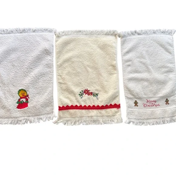 Vintage Cannon Martex Christmas Hand Towels Set 3 White‎ Cream Cotton Fringed