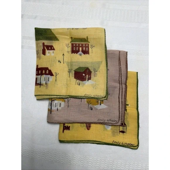 3 EMILY WHALEY Hankies Williamsburg Handkerchiefs Hand Rolled Border VTG