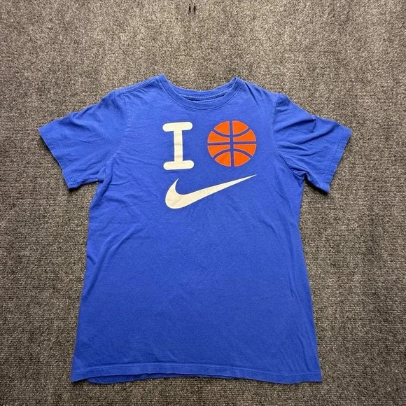 Nike Boys Kids Blue Dri-FIT I Love Basketball Logo T-Shirt Short Sleeve XL