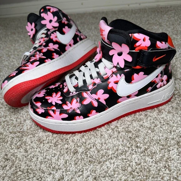 Nike Air Force‎ 1 Size 5.5Y Mid Black Pink Red Floral Charms DX3365-001 Sneaker