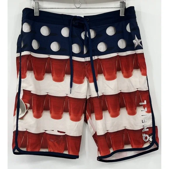 O'Neill Hyperfreak Red Solo Cup Beer Pong Board Shorts Swim Trunks 33 Measure 34
