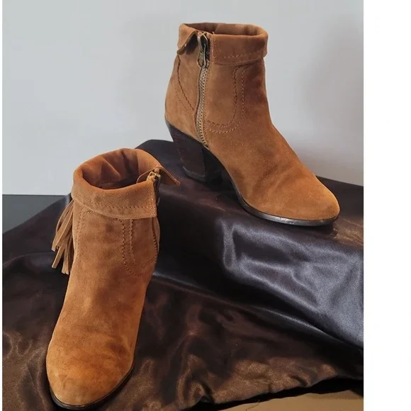 Sam Edelman Louie Tan Suede Fringe Ankle Boots Western Booties 5.5M B1275L4201