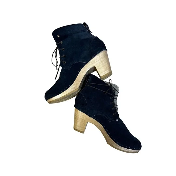 No.6 Suede Clog Boots Women‎ 39 Navy Blue Good Shearling Lined Lace Up Wood Heel