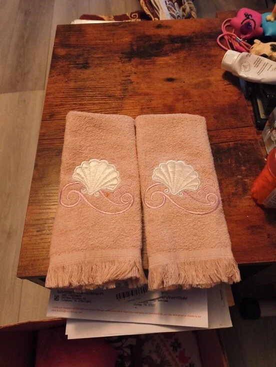 Embroidered Seashell Hand Towels - Blush Pink (Pair)