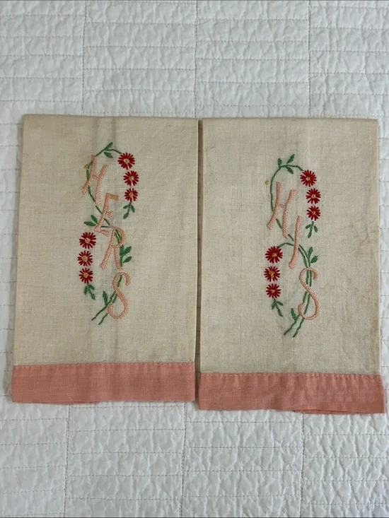 Rare 1940s Hand Embroidered Hers His Linen Guest Towels  Set Fingertip cottage