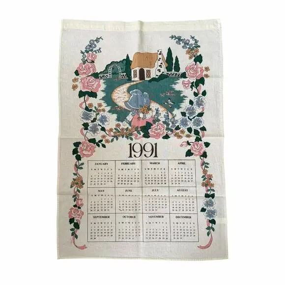 Vtg 1991 Linen Calendar Tea Towel Cottage Core Floral Girl Bonnet Wall Hanging