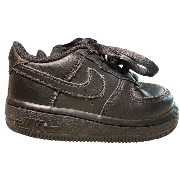 Nike Air Force‎ 1 Crib Toddler Shoes Black Leather Lace Up Size 6.5C Sneakers