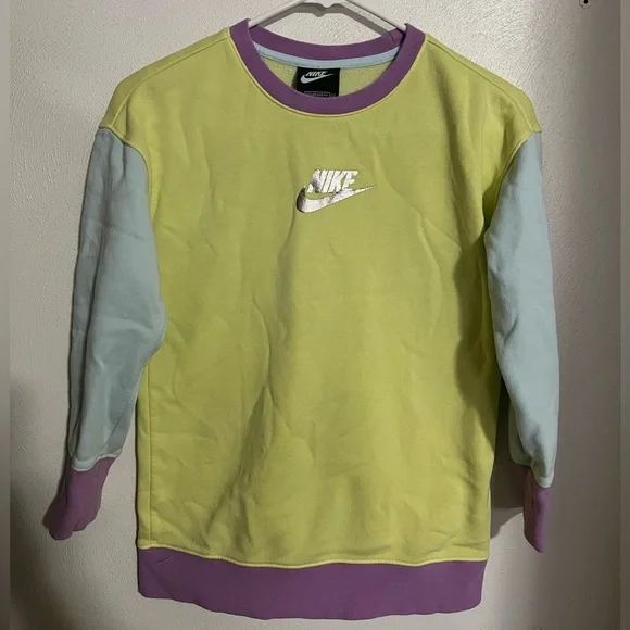 NIKE Color Clash Color Block Fleece Crewneck Sweatshirt Metallic‎ Logo Girl's S