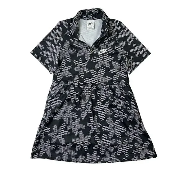 Nike Sport Dress Girls S Small Black White Daisy Print Pockets Short Sleeve