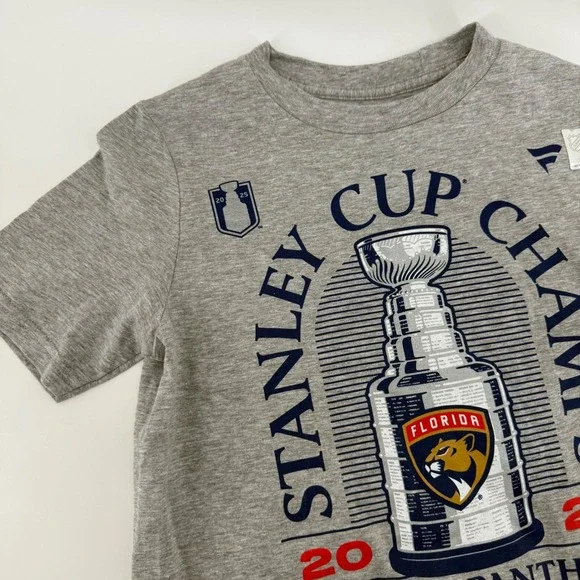 Kids Florida Panthers Stanley‎ Cup Champs T Shirt Gray Size LG 14 16 NHL Hockey