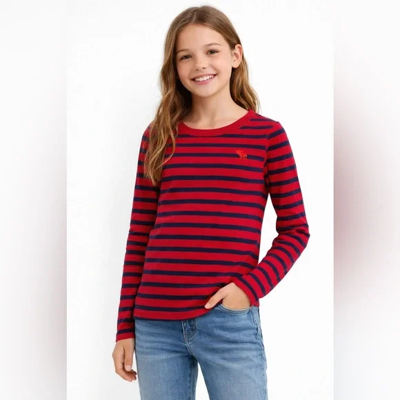 Abercrombie Kids Navy and Red Striped Long Sleeve Tee