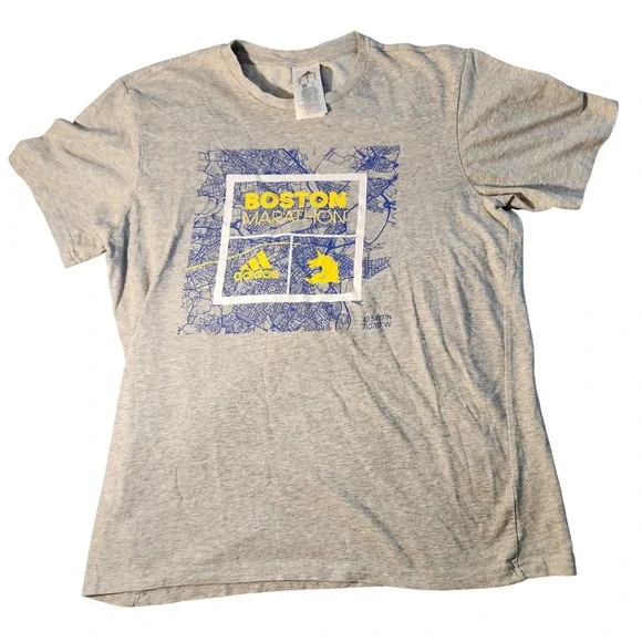 Boston Marathon Shirt Mens Medium Gray‎ Running Adidas Blue Yellow Climalite Tee