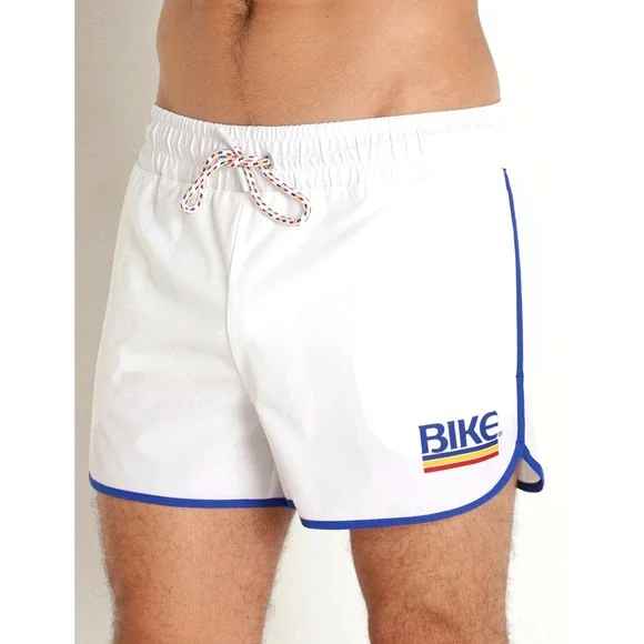 BIKE Mens White Retro Athletic Dolphin Shorts BAM200 Blue Trim Medium