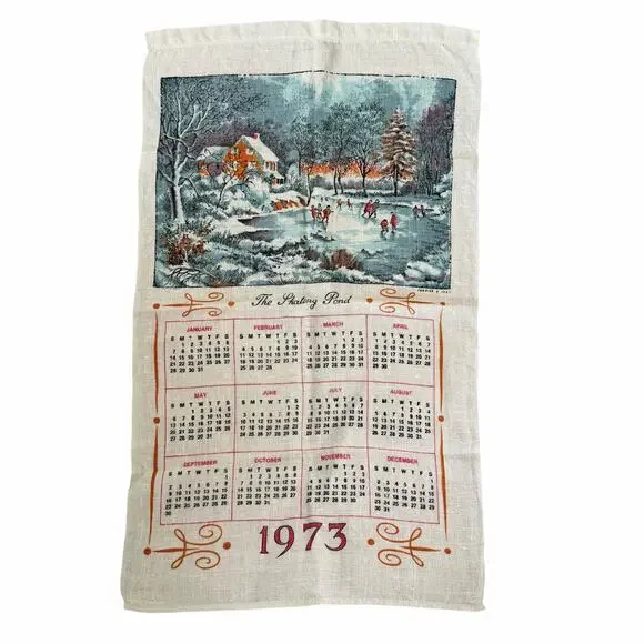 Vintage 1973 Currier & Ives Linen Calendar Tea Towel Skating Pond