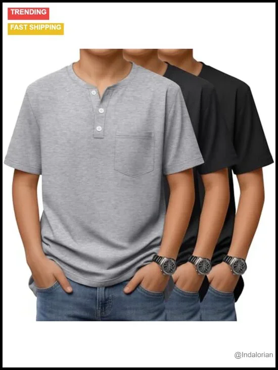 3 Pack Boys Henley T-Shirts Short Sleeve Cotton Blend Tees with Pocket Button