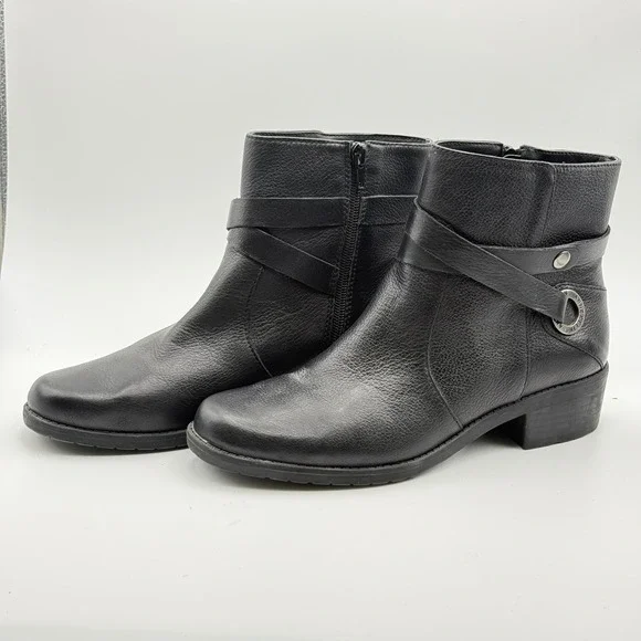Anne Klein  Black‎ Leather Ankle Boots Womens 8M Low Block Heel Zip Bootie