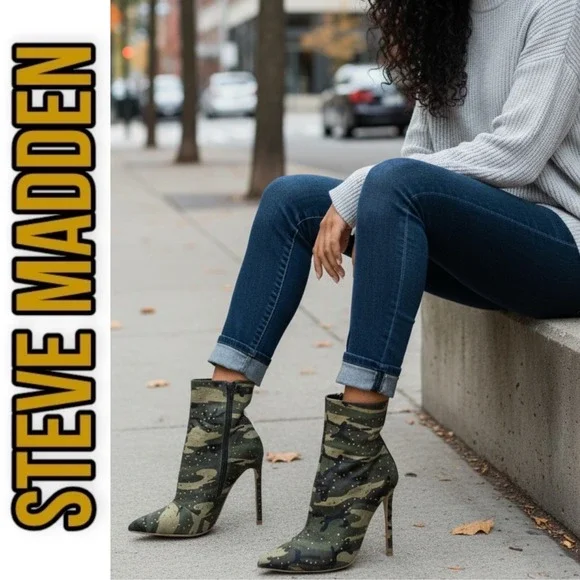 Steve‎ Madden Wagu Camo Rhinestone Ankle Boots Pointed Toe Stiletto Military 7.5
