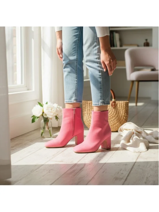 Sam Edelman Fawn Suede LEATHER Block Heel Boots Booties 7.5 WIDE Fushia Pink