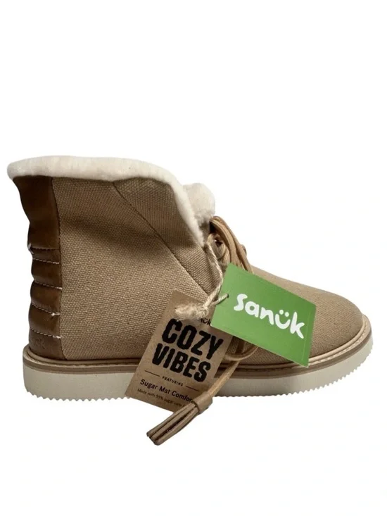 Sanuk Cozy Vibes‎ Mid Canvas Leather Boot Women's 7us/38eu New Beige Tan Comfort