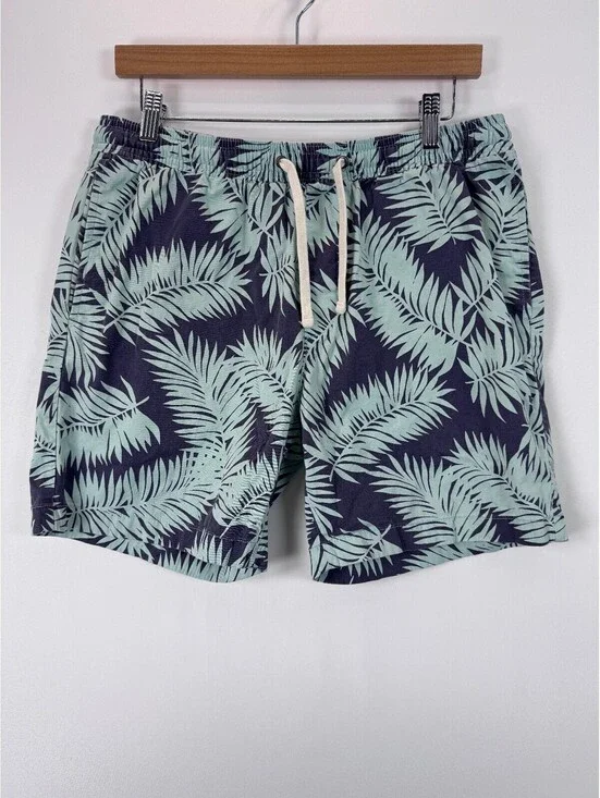 J.Crew Mercantile Flex Men's M Tropical Palm Swim Trunks 7 Inch Navy Blue