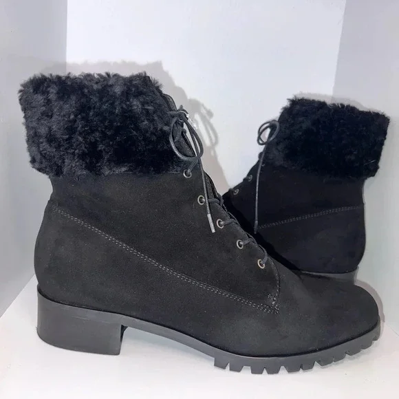 GRIGIARANCIO, US10, suede leather faux fur‎ ankle lace up 1” block heel bootie